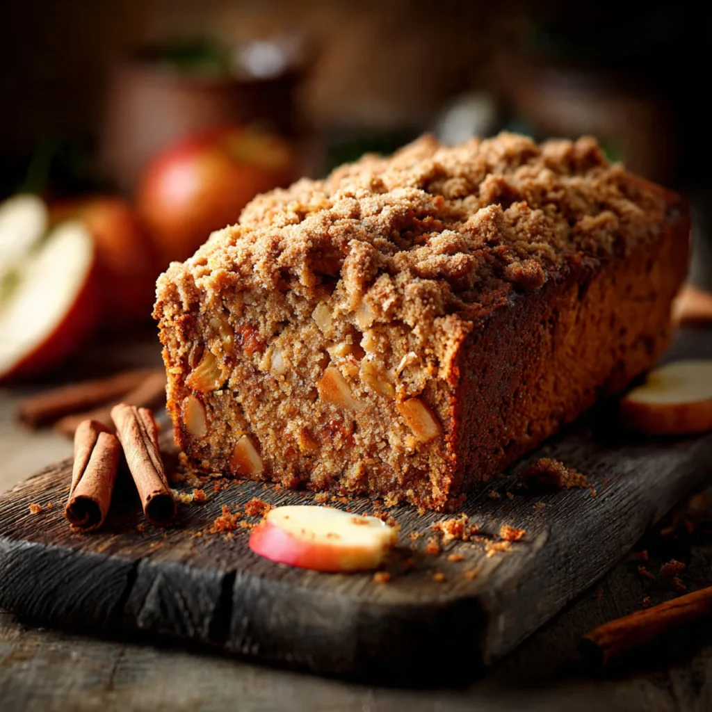Slice of pumpkin apple bread with crumb topping