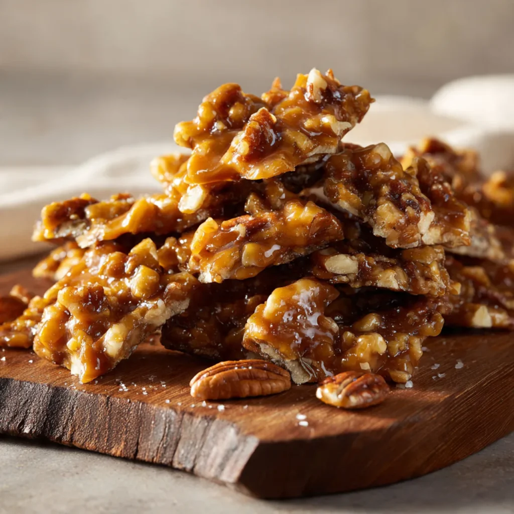 Close-up of praline crunch with caramelized sugar and pecans