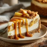 Slice of salted caramel apple pie cheesecake on plate