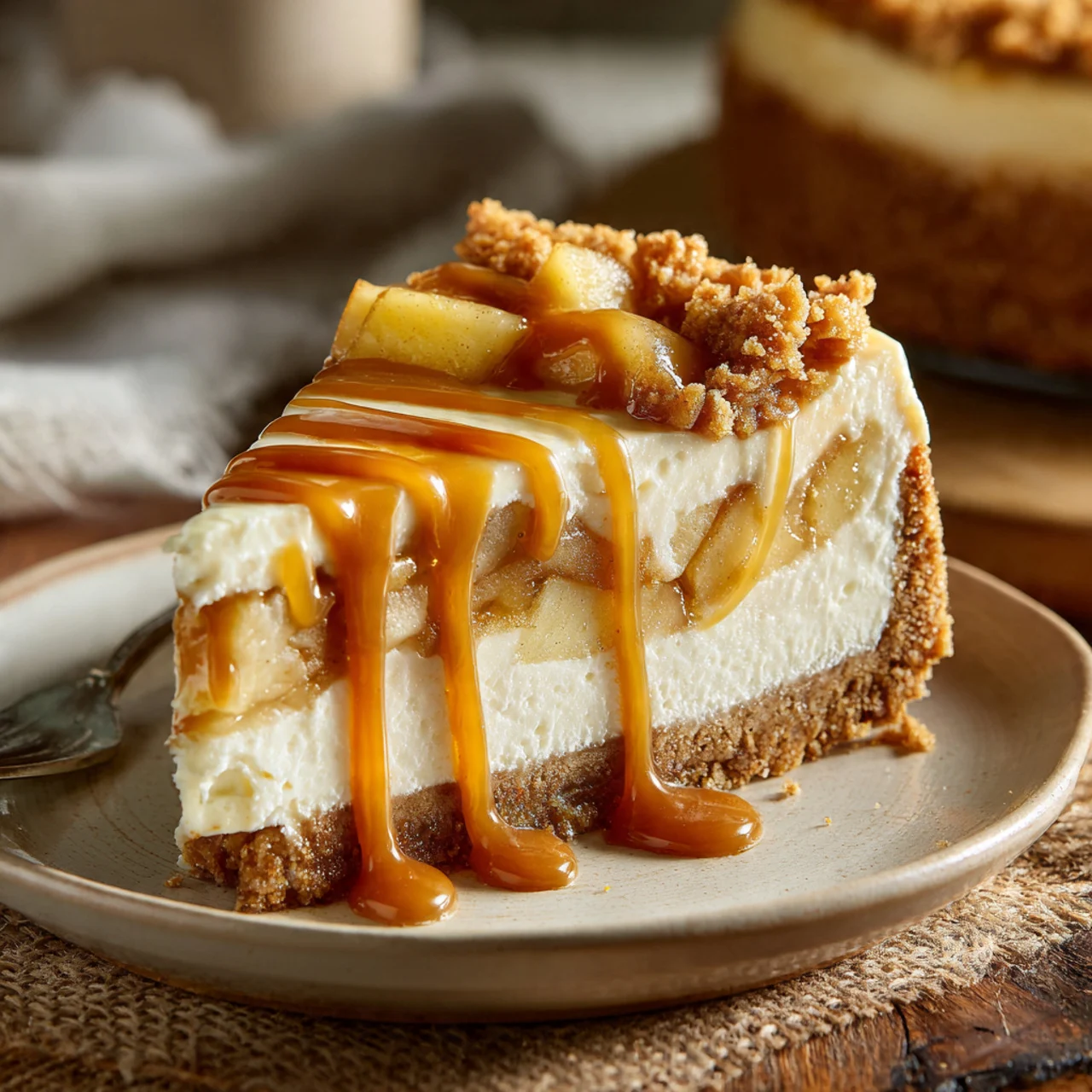 Slice of salted caramel apple pie cheesecake on plate