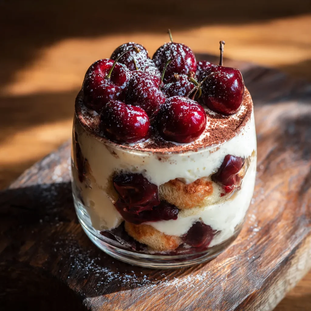 Cherry tiramisu in a glass