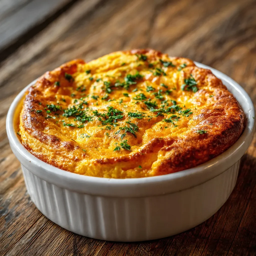 Classic carrot soufflé baked in a white dish