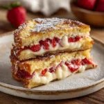 Fried strawberry cheesecake sandwich cut in half