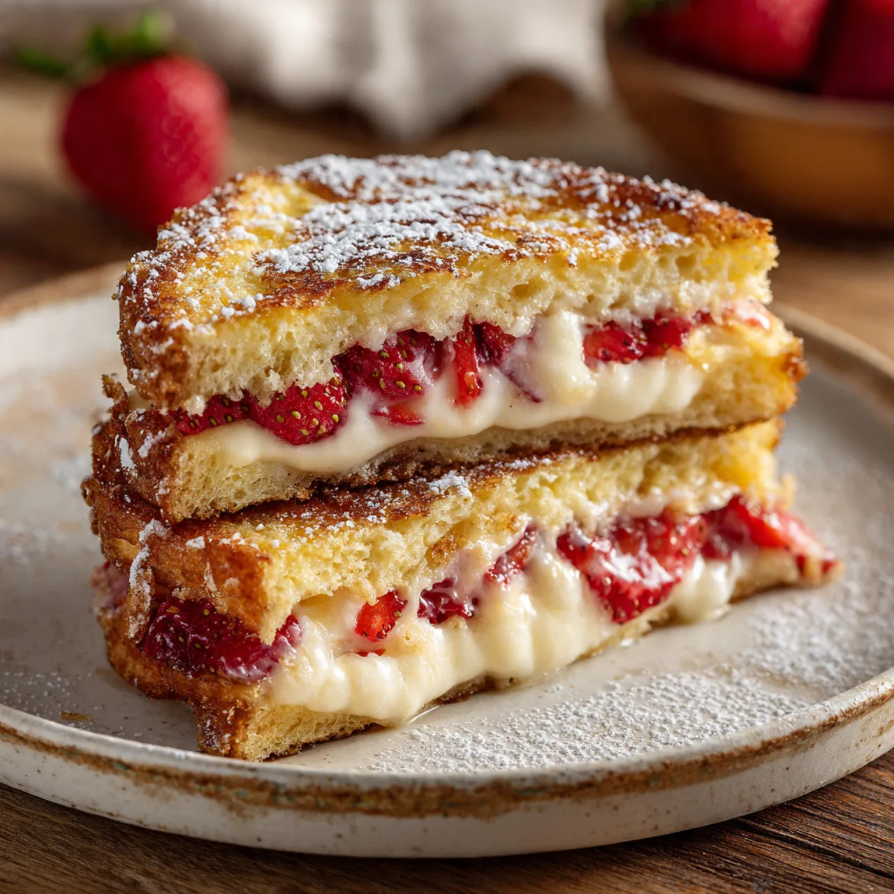 Fried strawberry cheesecake sandwich cut in half