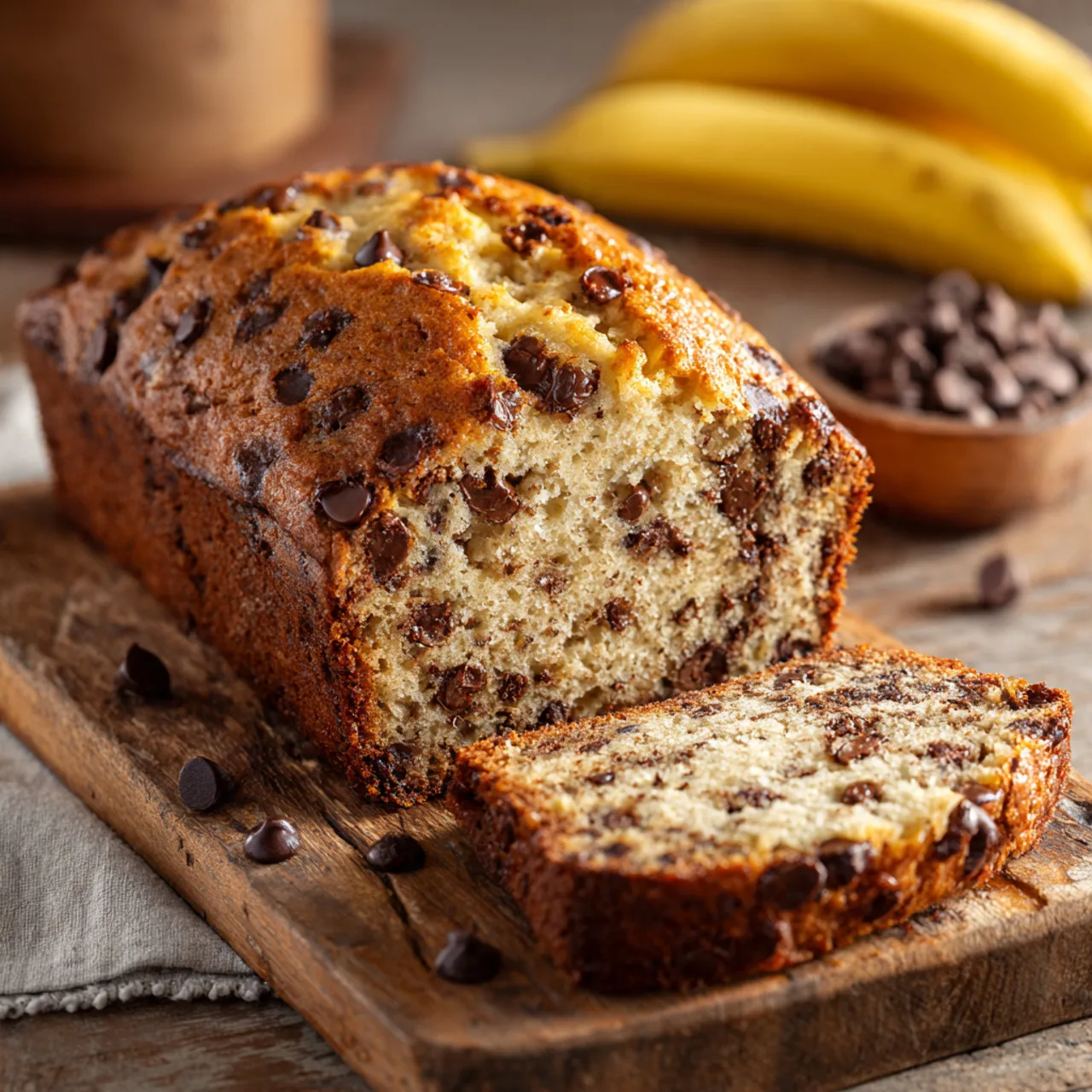 Moist chocolate chip banana bread sliced on cutting board