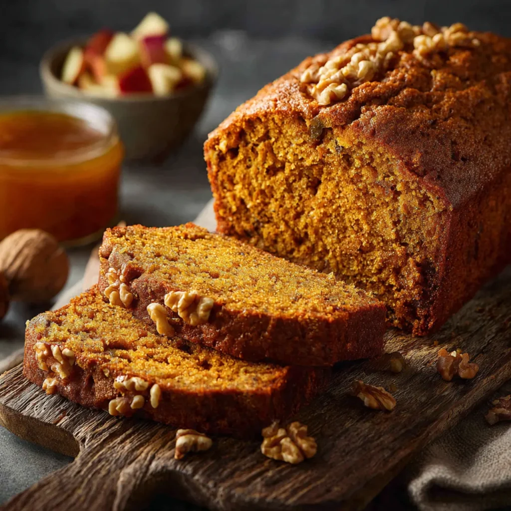 Pumpkin bread with apple cider sliced on a wooden board