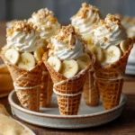 Easy Banana Pudding Cheesecake Cones No Bake in 30 Minutes 12 Banana pudding cheesecake cone with banana slices and whipped topping