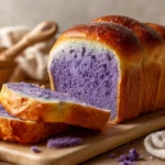 Sliced ube milk bread loaf on wooden board