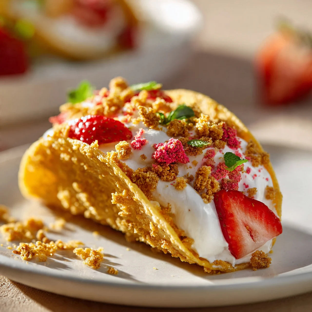 Strawberry crunch cheesecake taco on plate