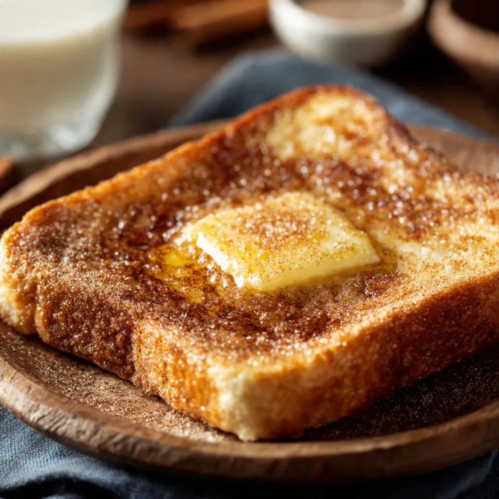 Classic cinnamon toast slice on a wooden plate