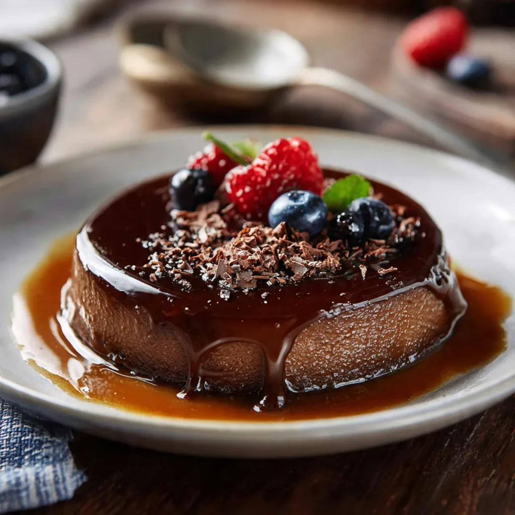 Close-up of chocolate flan with caramel sauce