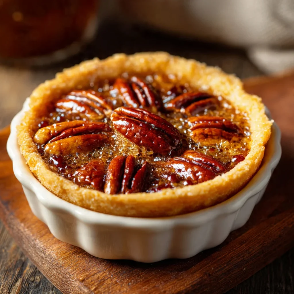 Close-up of a keto pecan butter tart