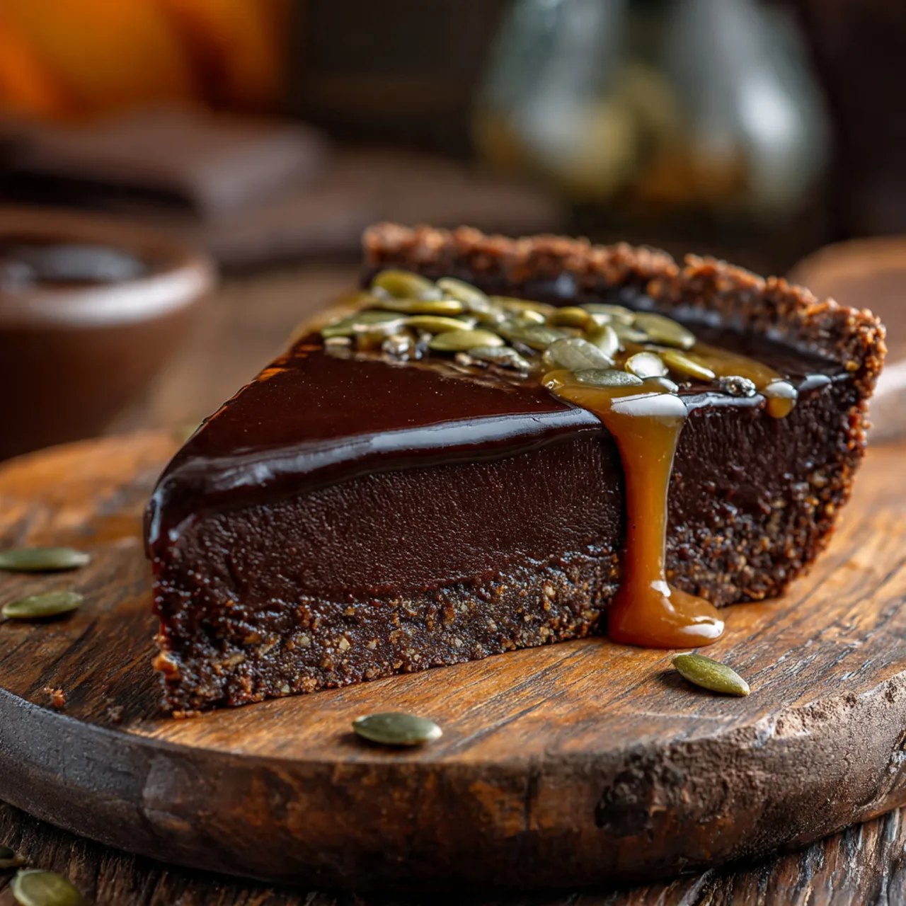 Slice of amazing dark chocolate pumpkin tart with ganache