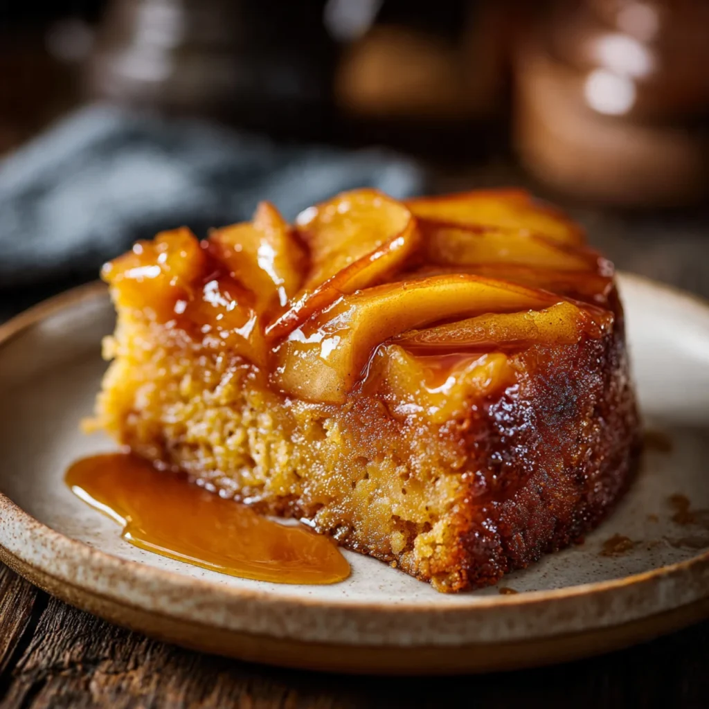 Apple caramel upside-down pumpkin cake served on a plate