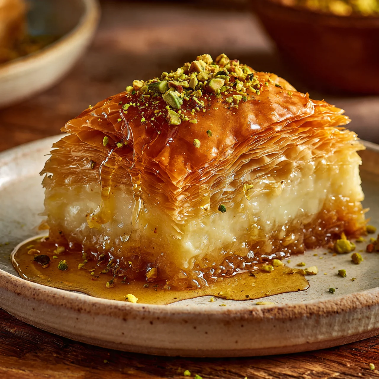 Baklava Custard Tart – Quick, Easy, and Delicious Dessert Idea 8 Baklava custard tart slice with syrup and pistachios