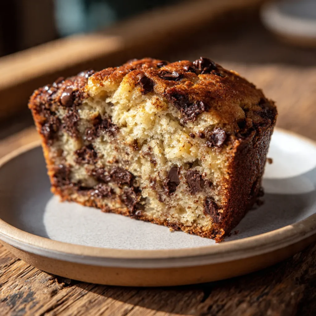 Moist banana chocolate chip cake on plate