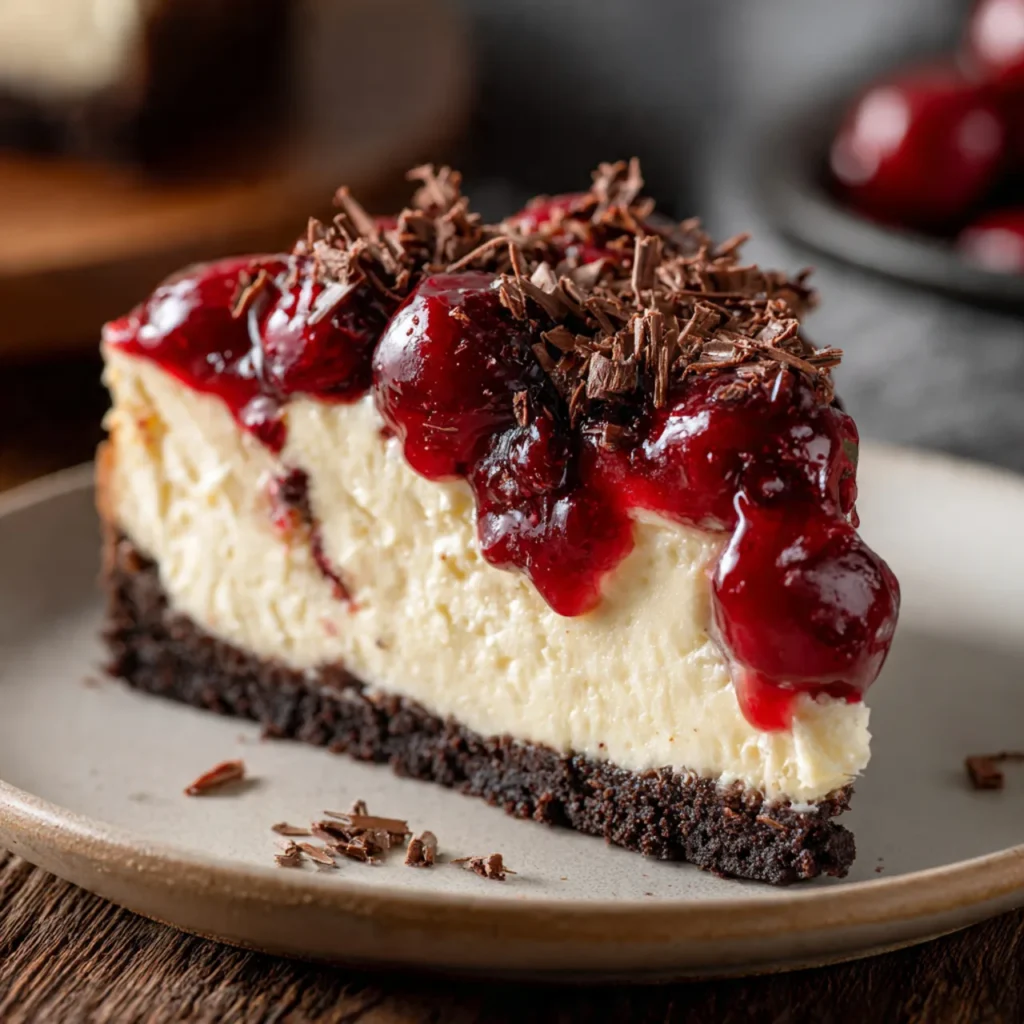 Slice of Black Forest Cheesecake with chocolate and cherries