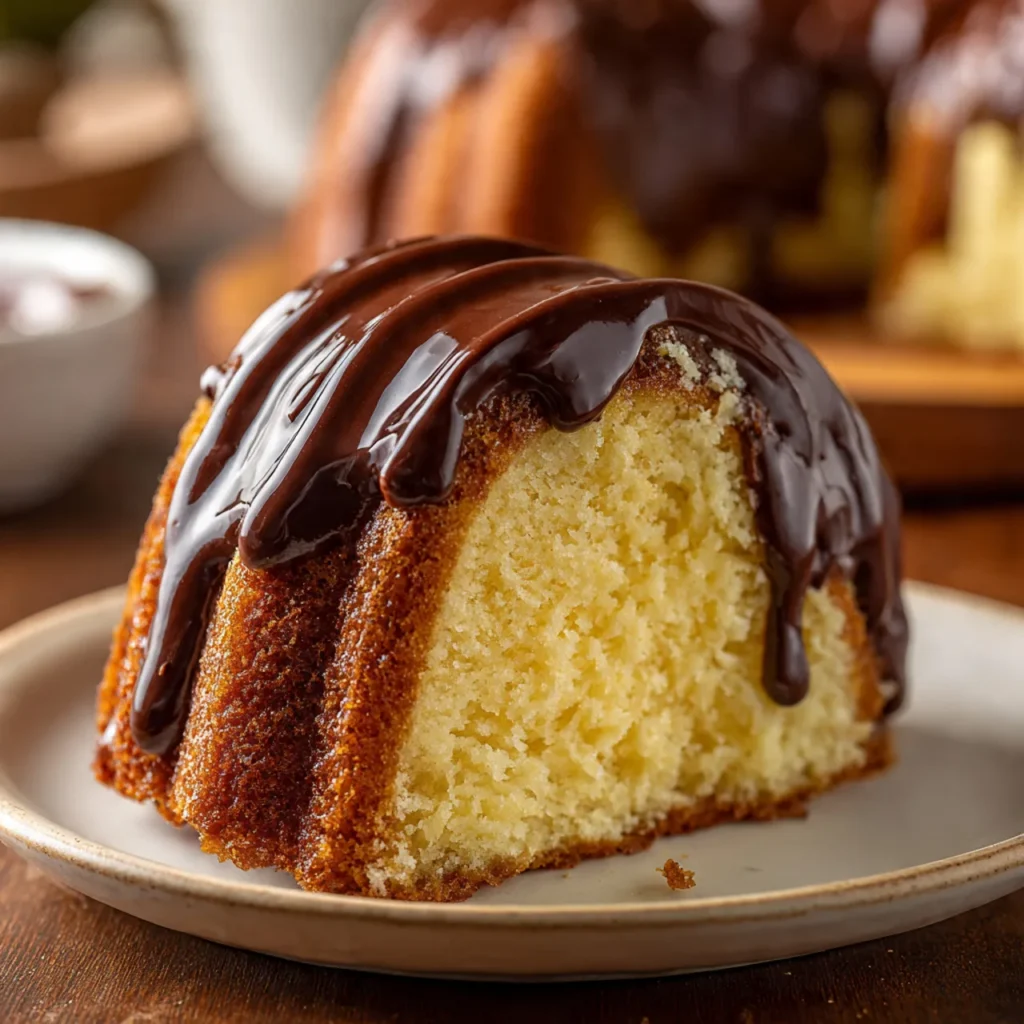 Slice of Boston Cream Bundt Cake with custard and chocolate