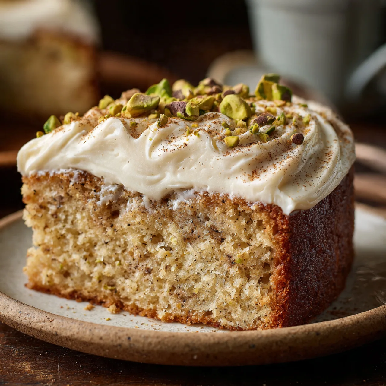 Classic masala chai cake slice with cream cheese frosting