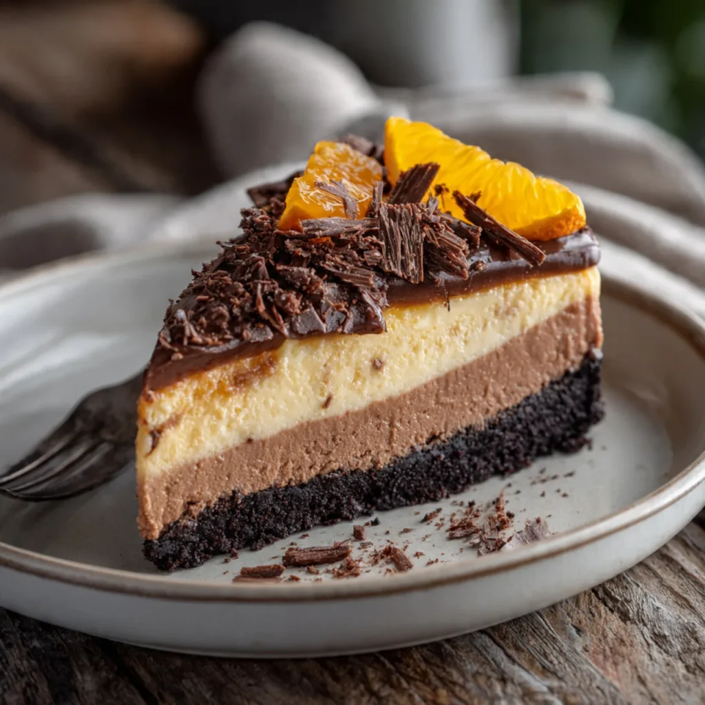 Slice of chocolate orange cheesecake on plate