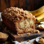 Cinnamon Crumb Banana Bread – Perfect for Any Occasion 12 Slice of cinnamon crumb banana bread on white plate