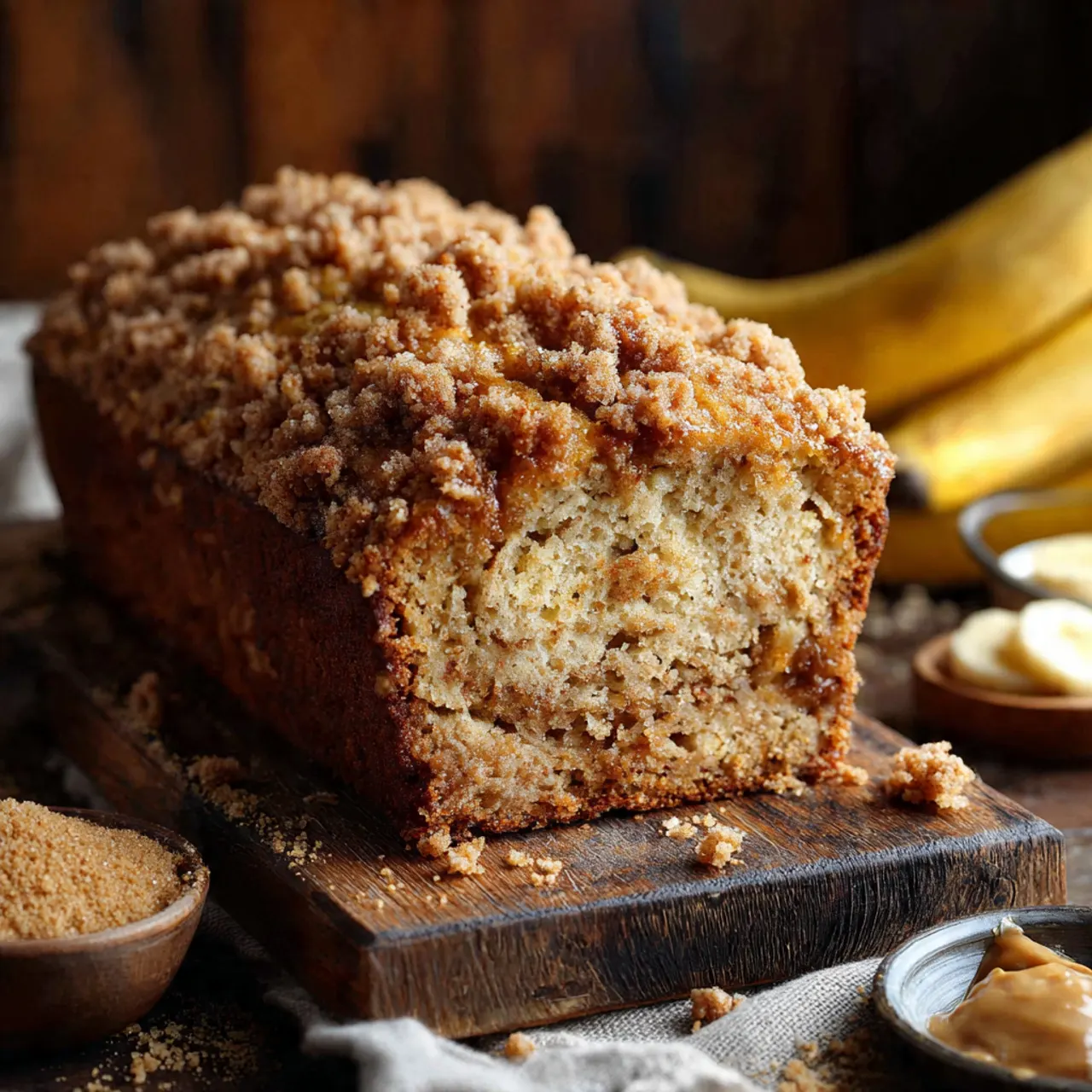 Cinnamon Crumb Banana Bread – Perfect for Any Occasion 8 Slice of cinnamon crumb banana bread on white plate