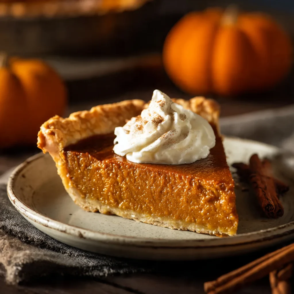 Classic pumpkin pie slice with whipped cream