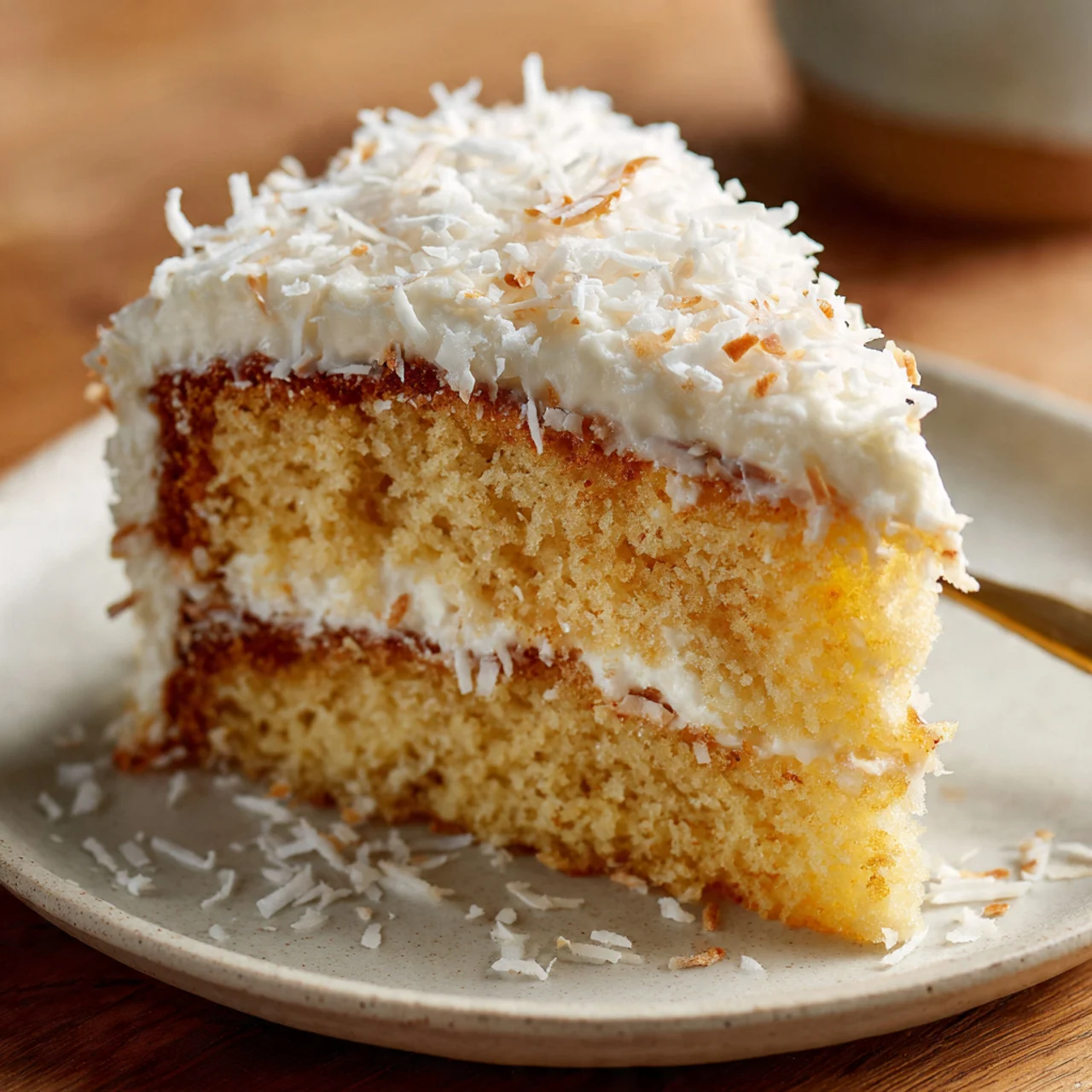 Close-up of Coconut Neiman Cake slice topped with frosting