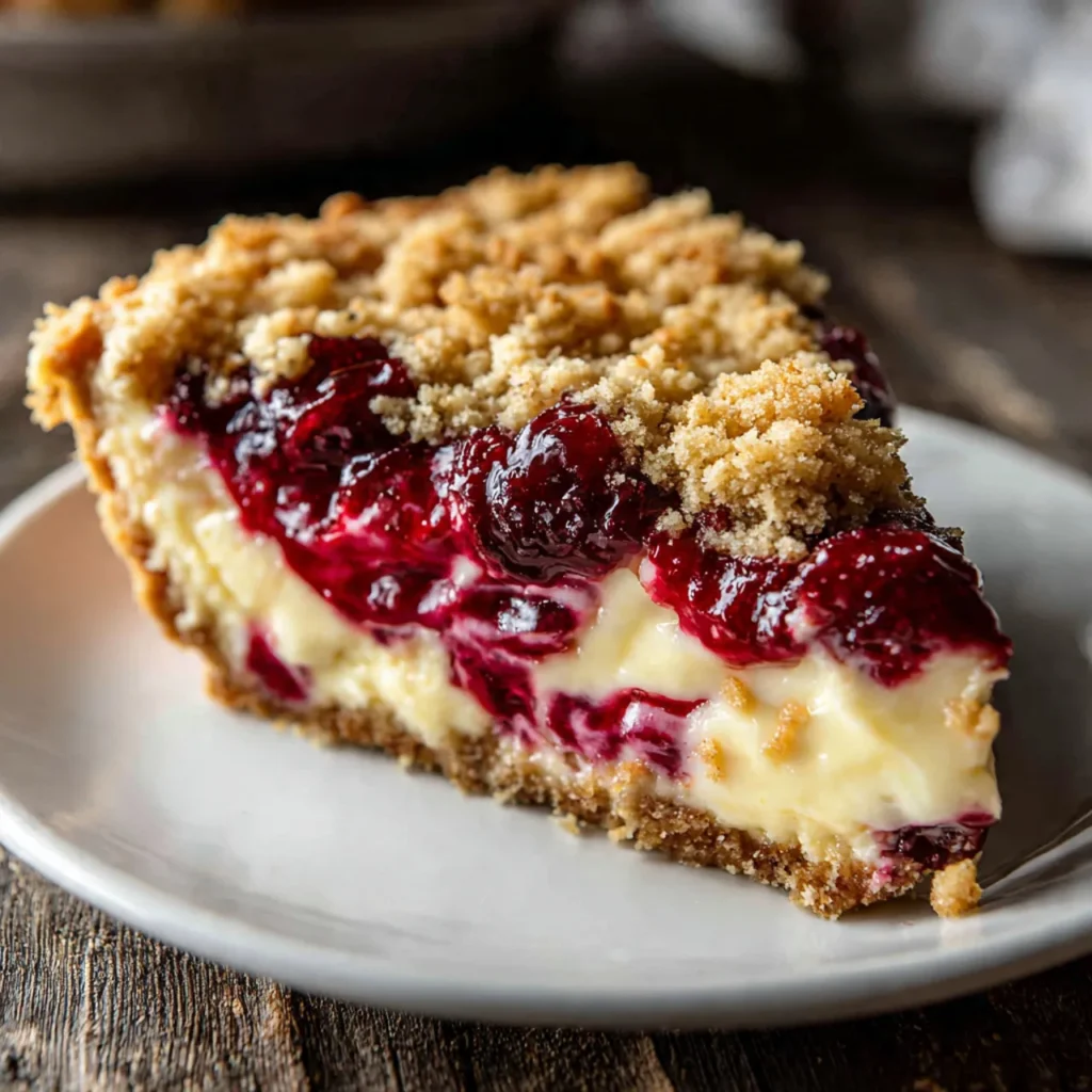 Slice of cranberry cream cheese crumb pie