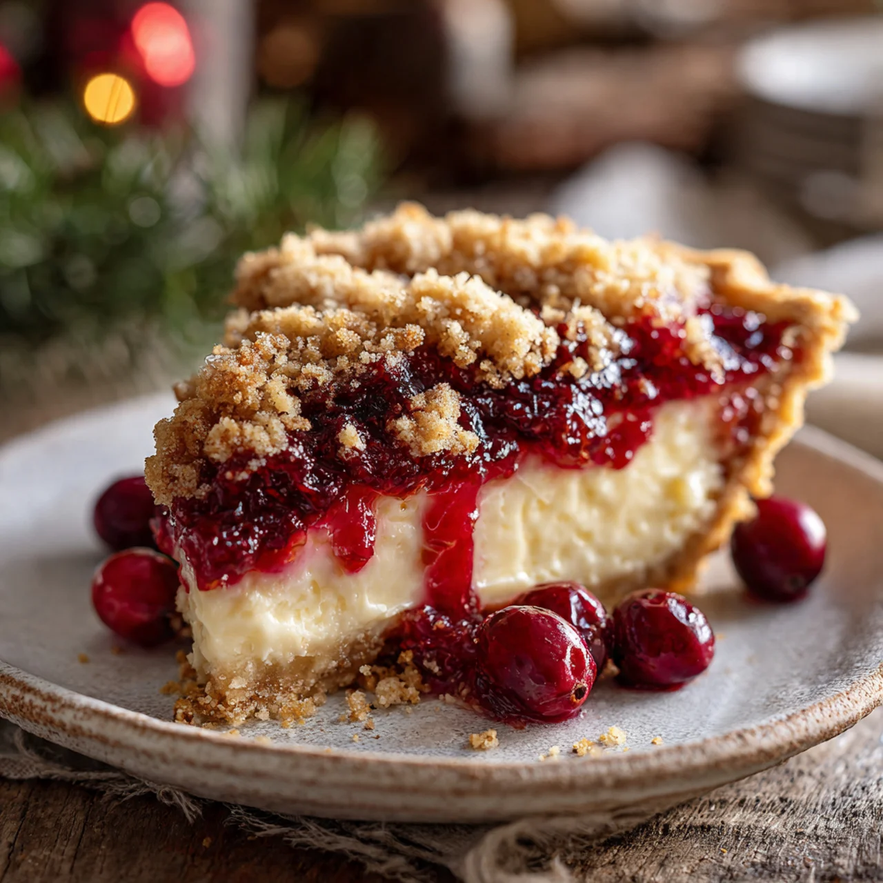 Slice of cranberry cream cheese crumb pie