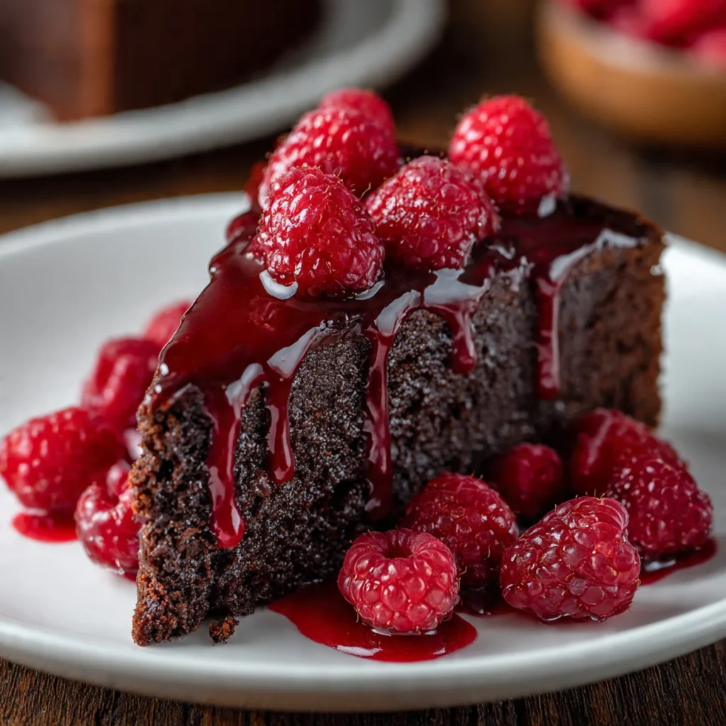 Slice of flourless chocolate raspberry cake with raspberry sauce