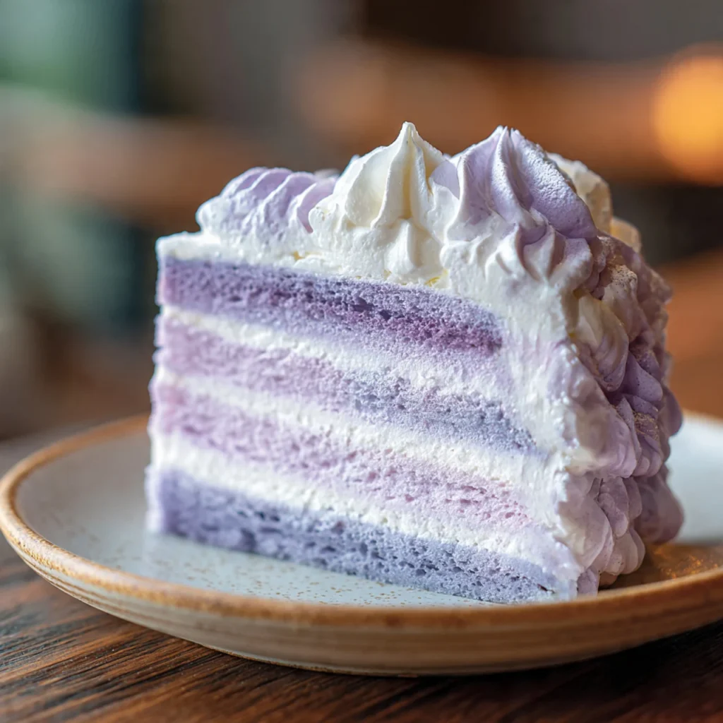 Slice of fluffy taro ube cloud cake with ube chantilly cream