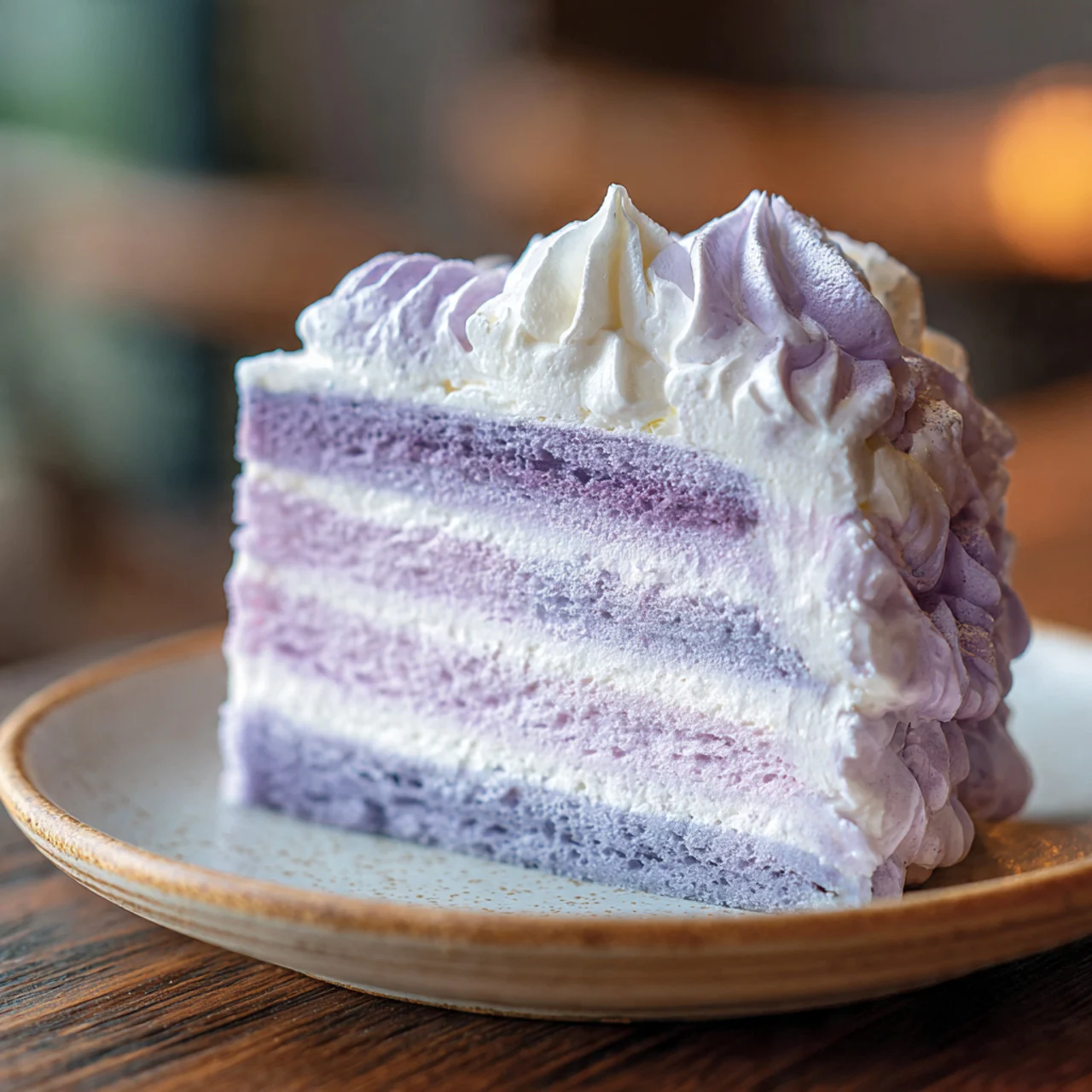 Slice of fluffy taro ube cloud cake with ube chantilly cream