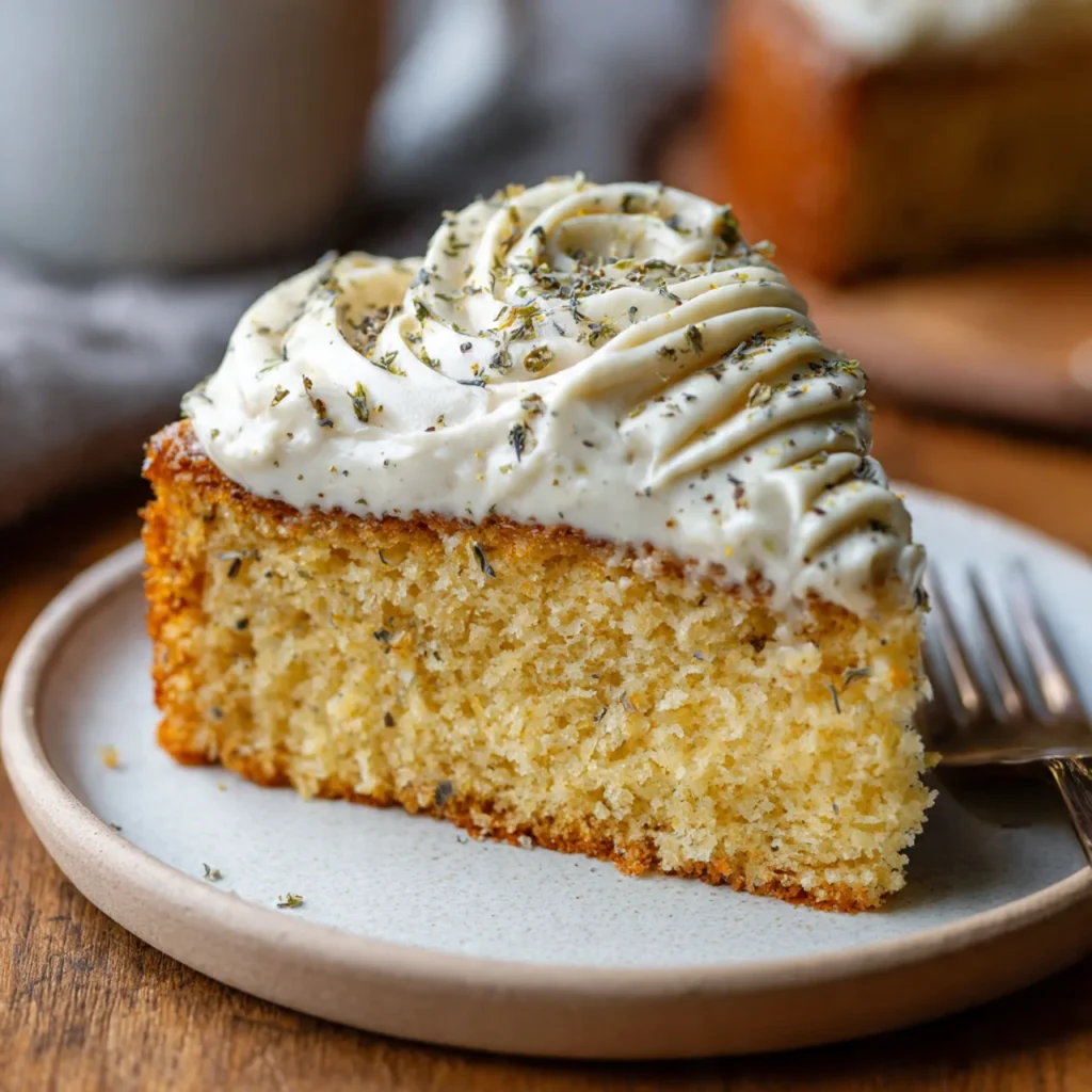 Slice of London Fog Cake with whipped cream frosting