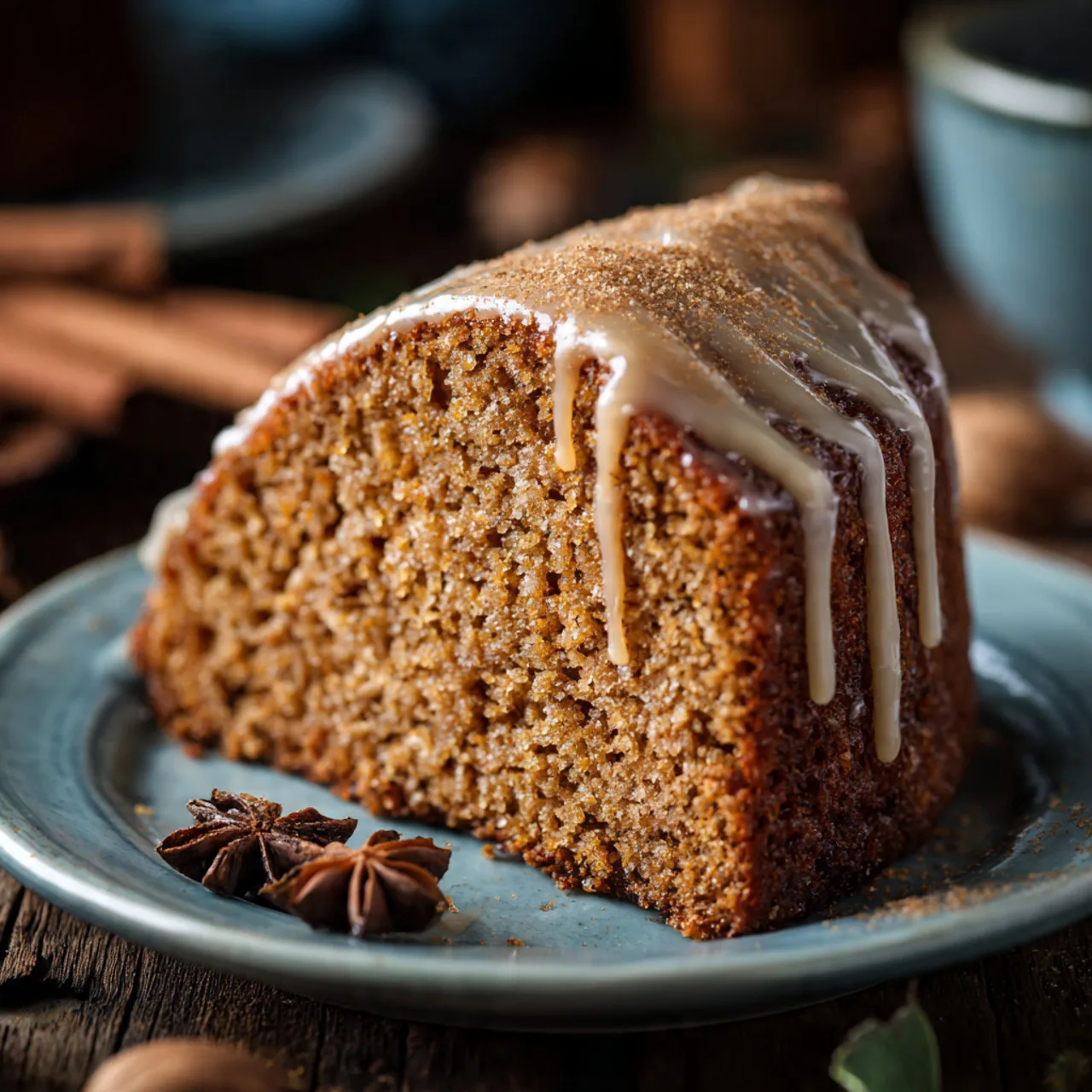 Gingerbread Cake Recipe – Moist, Easy, and Full of Spices 8 Slice of moist gingerbread cake on blue plate