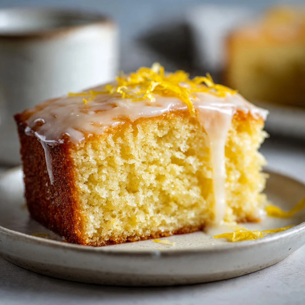 Slice of moist lemon cake with glaze