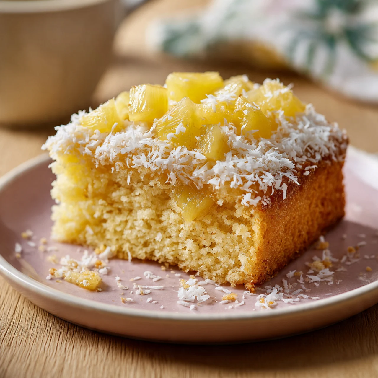 Haunted Pineapple and Coconut Dream Cake – Spooky Tropical Treat 8 Slice of pineapple and coconut dream cake served on pastel plate