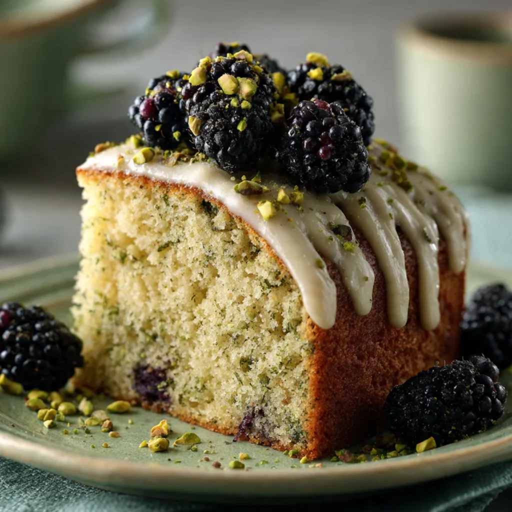 Slice of pistachio blackberry cake on green plate
