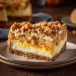 Monster Mash Pumpkin Apple Crumble Cheesecake Recipe – Frightfully Tasty 12 Pumpkin apple crumble cheesecake slice on white plate