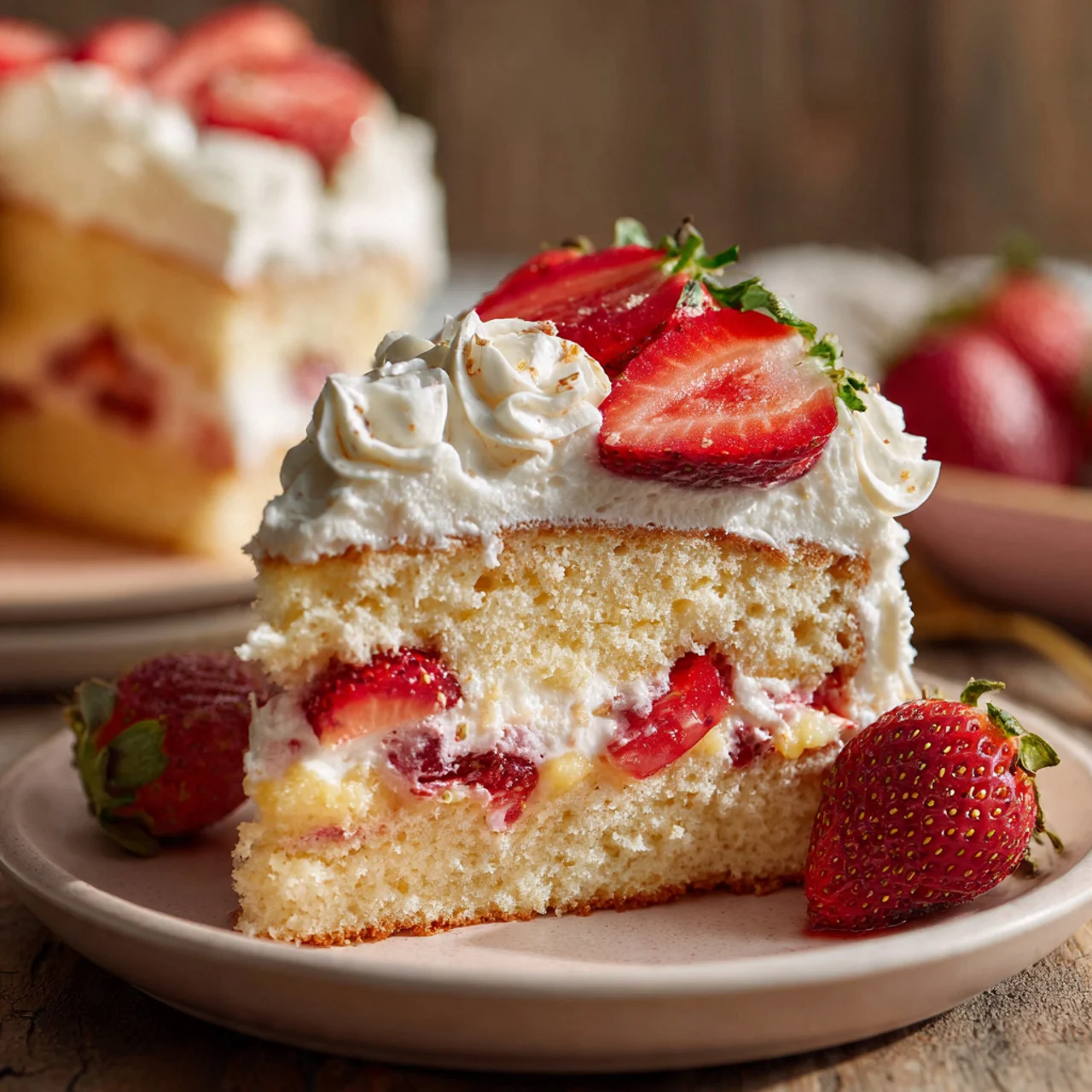 Strawberry Custard Cake Recipe: Creamy, Delicious, and Easy to Make 8 Slice of strawberry custard cake on a pale blue plate