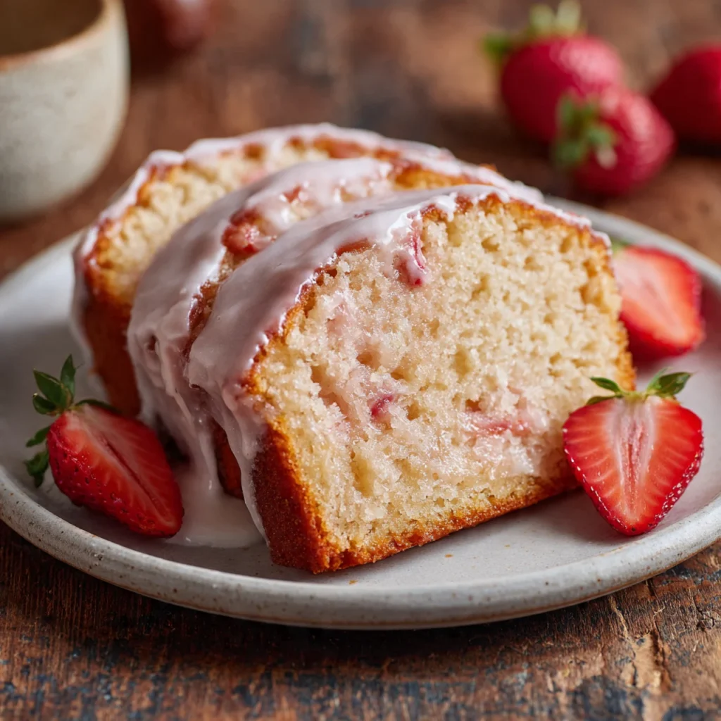 Strawberry milkshake pound cake slice with glaze