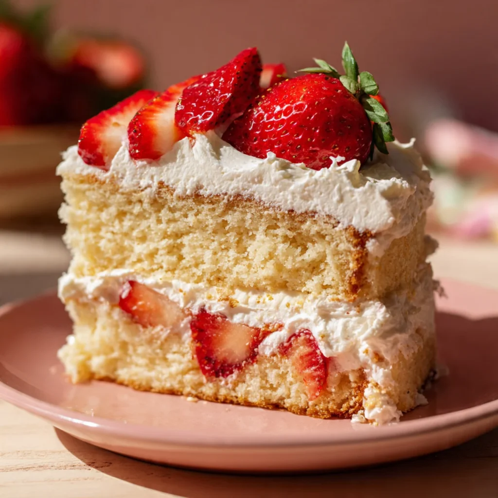 Slice of strawberry shortcake cake with fresh strawberries
