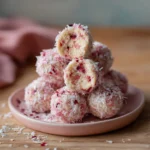 How to Make Strawberry Cheesecake Protein Balls Healthy 12 Strawberry cheesecake protein ball on white plate