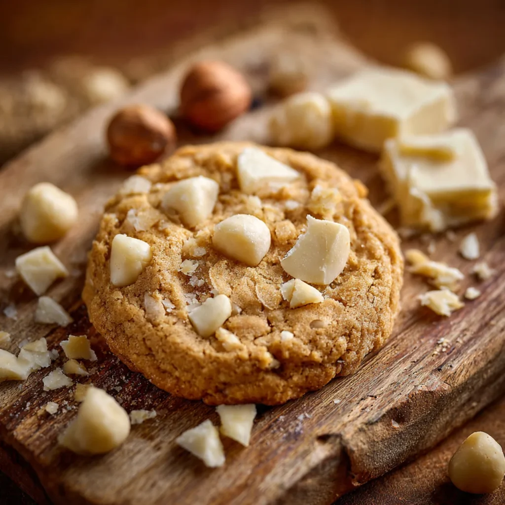 Vegan white chocolate macadamia nut cookie close-up