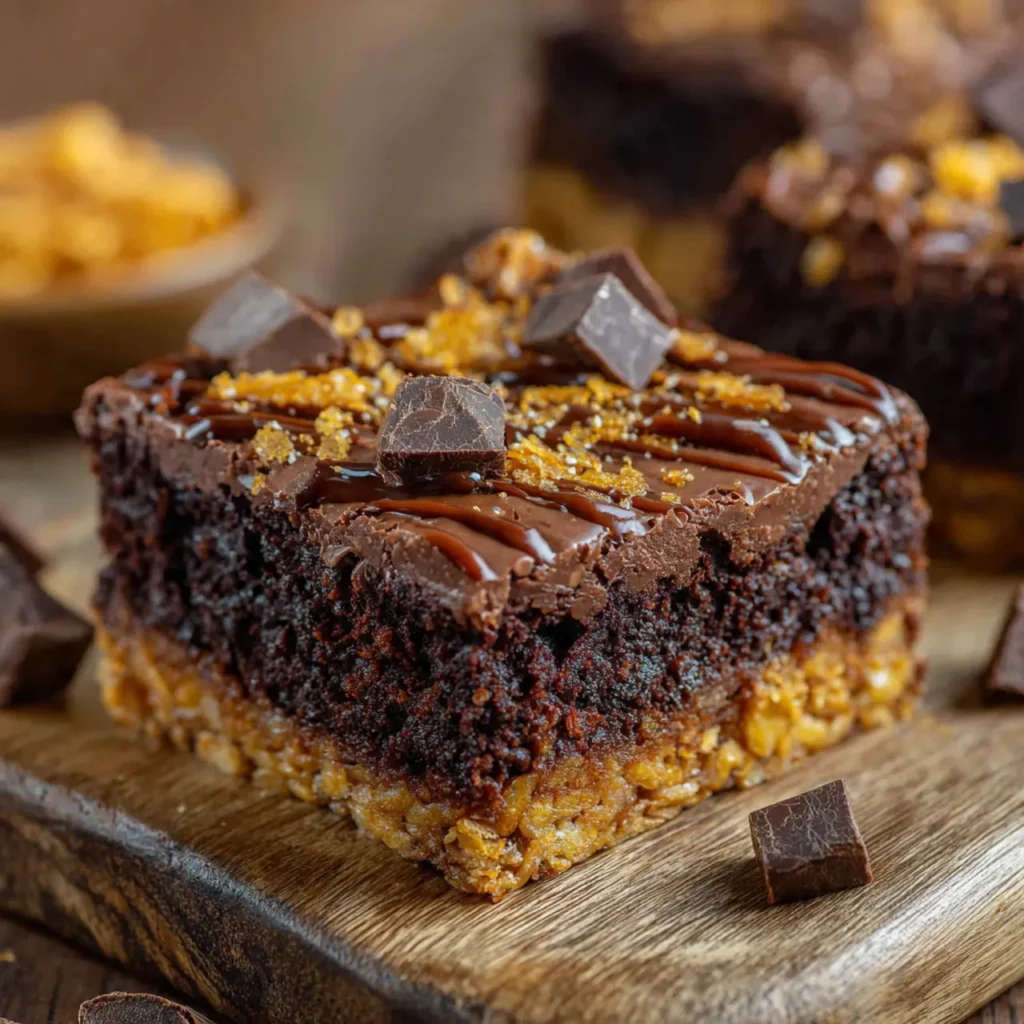 Cornflake crust brownie with caramel base and fudgy top