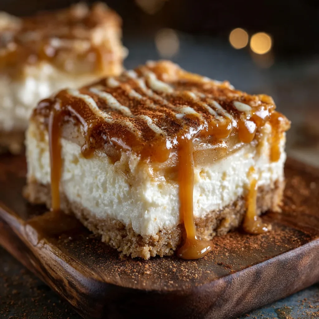 Caramel apple cheesecake bars with caramel drizzle