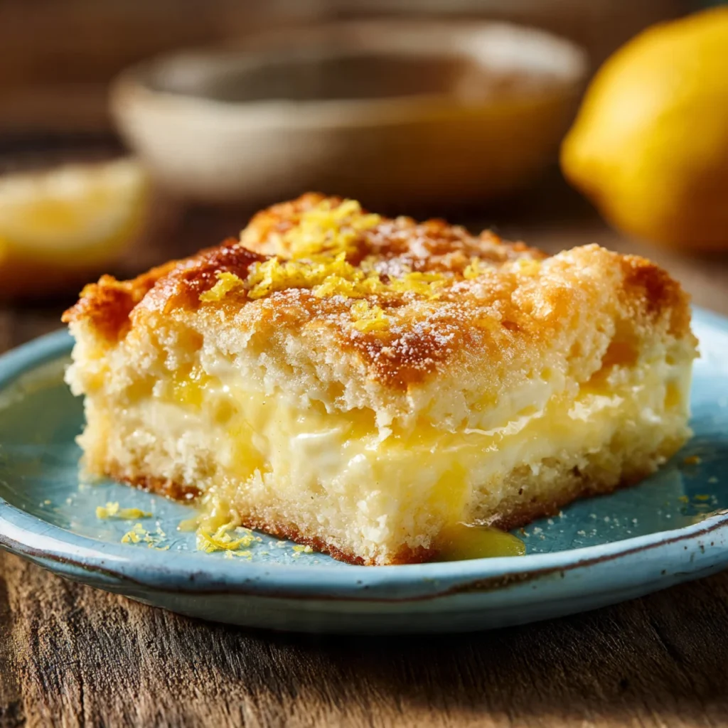 Lemon cream cheese dump cake served in a pale blue dish
