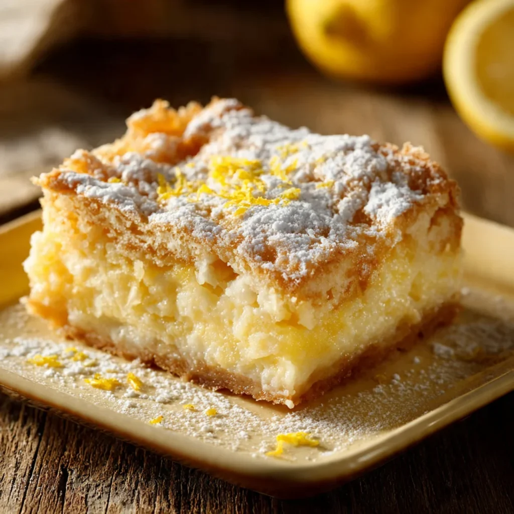 Lemon cream cheese dump cake served in a square dish