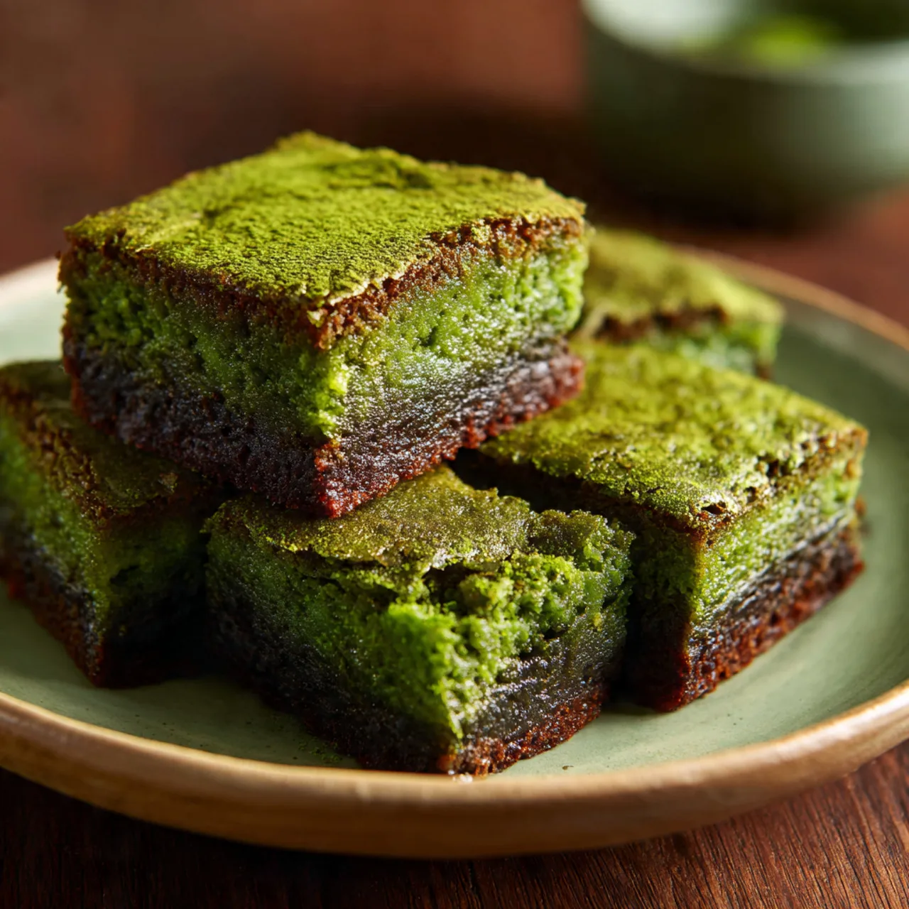 Close-up of matcha brownie mochi square
