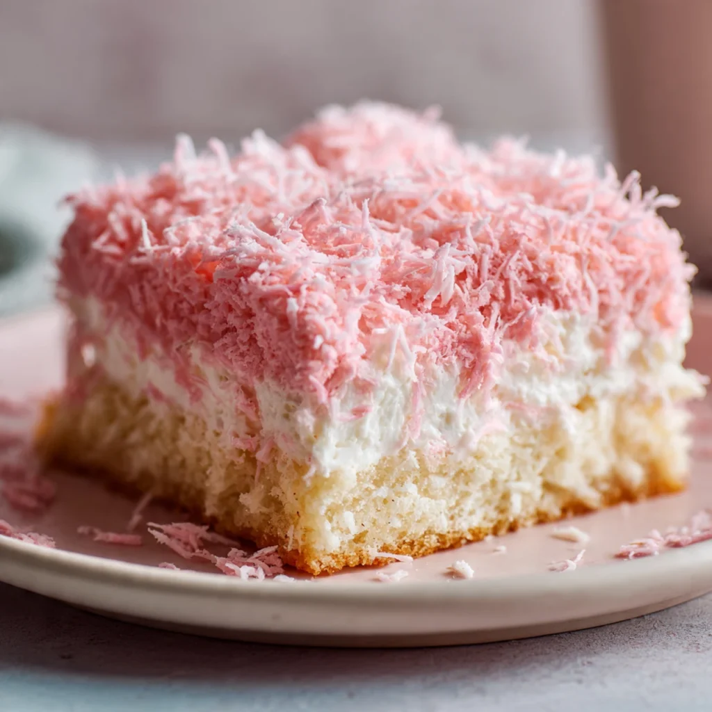 Pink coconut snowball cake bars on a plate
